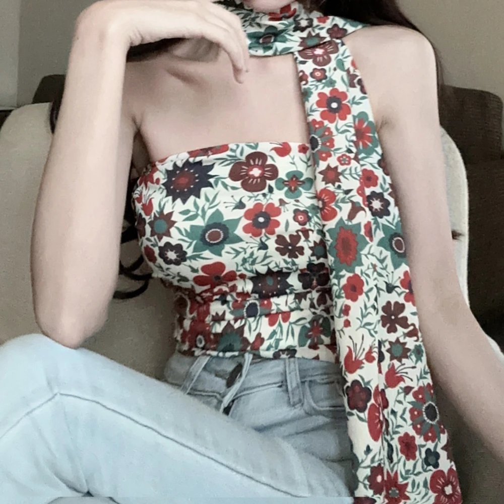 One shoulder Thai vacation style ribbon floral sexy strapless vest for women pure desire tea art sweet spicy girl short top