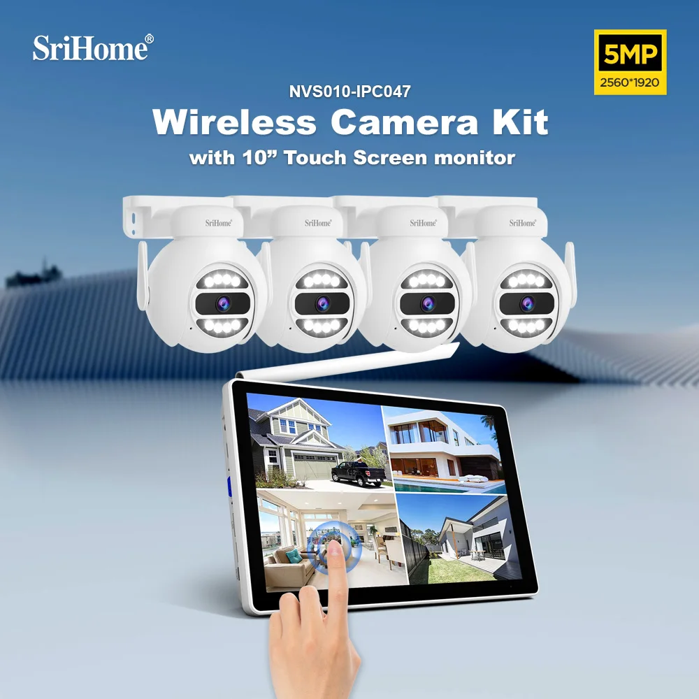 

Srihome 5-мегапиксельная беспроводная IP-камера с 10-дюймовым монитором, Wi-Fi, комплект камер видеонаблюдения, уличный PTZ HD, набор для умного домашнего наблюдения