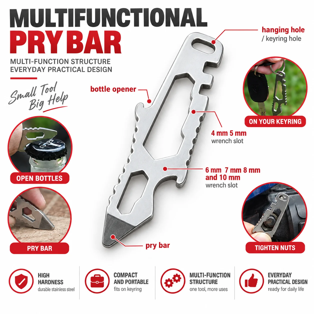 Outdoor Power Bar - เครื่องมืออเนกประสงค์พกพาแบบใหม่ มินิ ปรับได้ ใช้เป็นที่จับเหล็ก EDC ที่เปิดขวดและมีดสแตนเลส