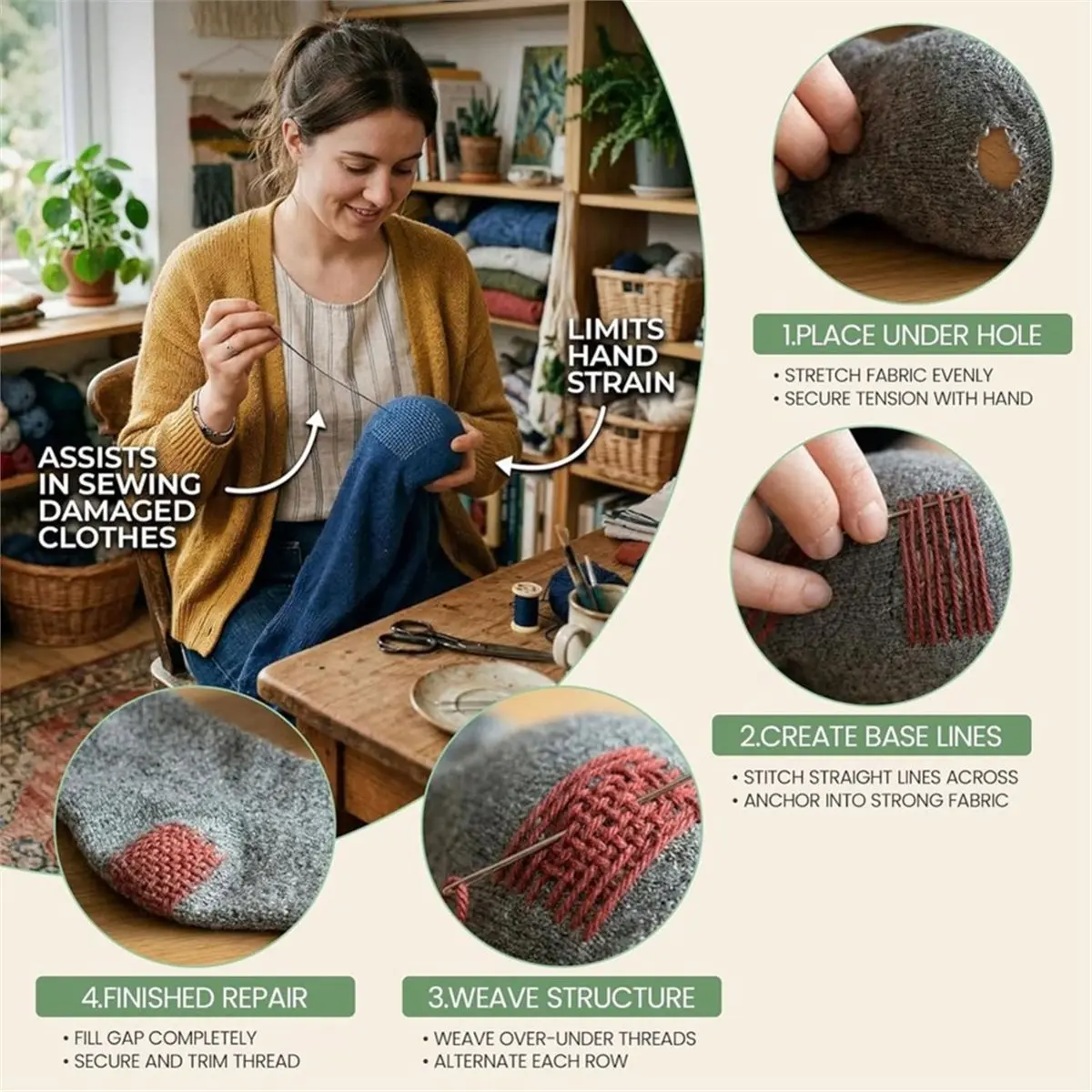 Multi-use Gear Wooden Darning Mushroom with Threads & Needles, DIY Hand Sewing & Embroidery Repair Set