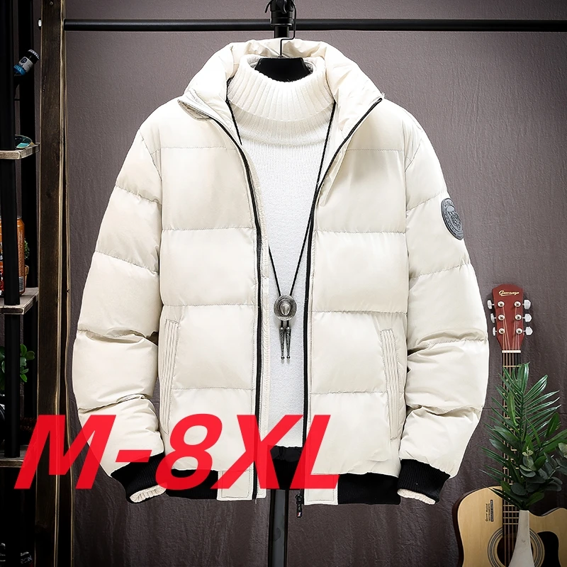 Large Size Parkas Men\'s M-8XL Winter Thick Hooded Padded Coats Short Tooling Zipper Slim Simple Solid Color Black Down Jackets