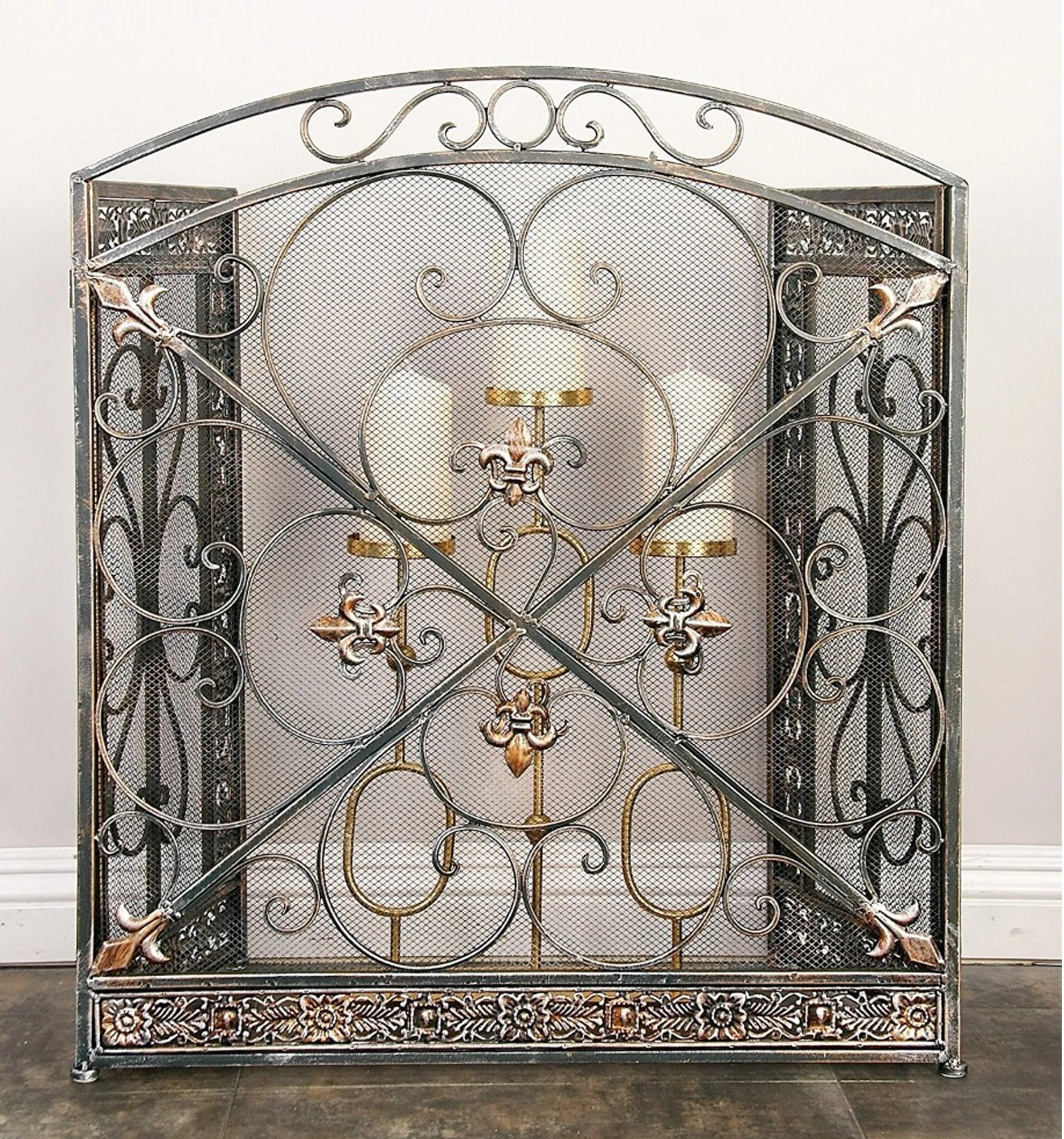 Traditional 3 Panel Metal Fire Screen With Filigree Design, Bronze, Black