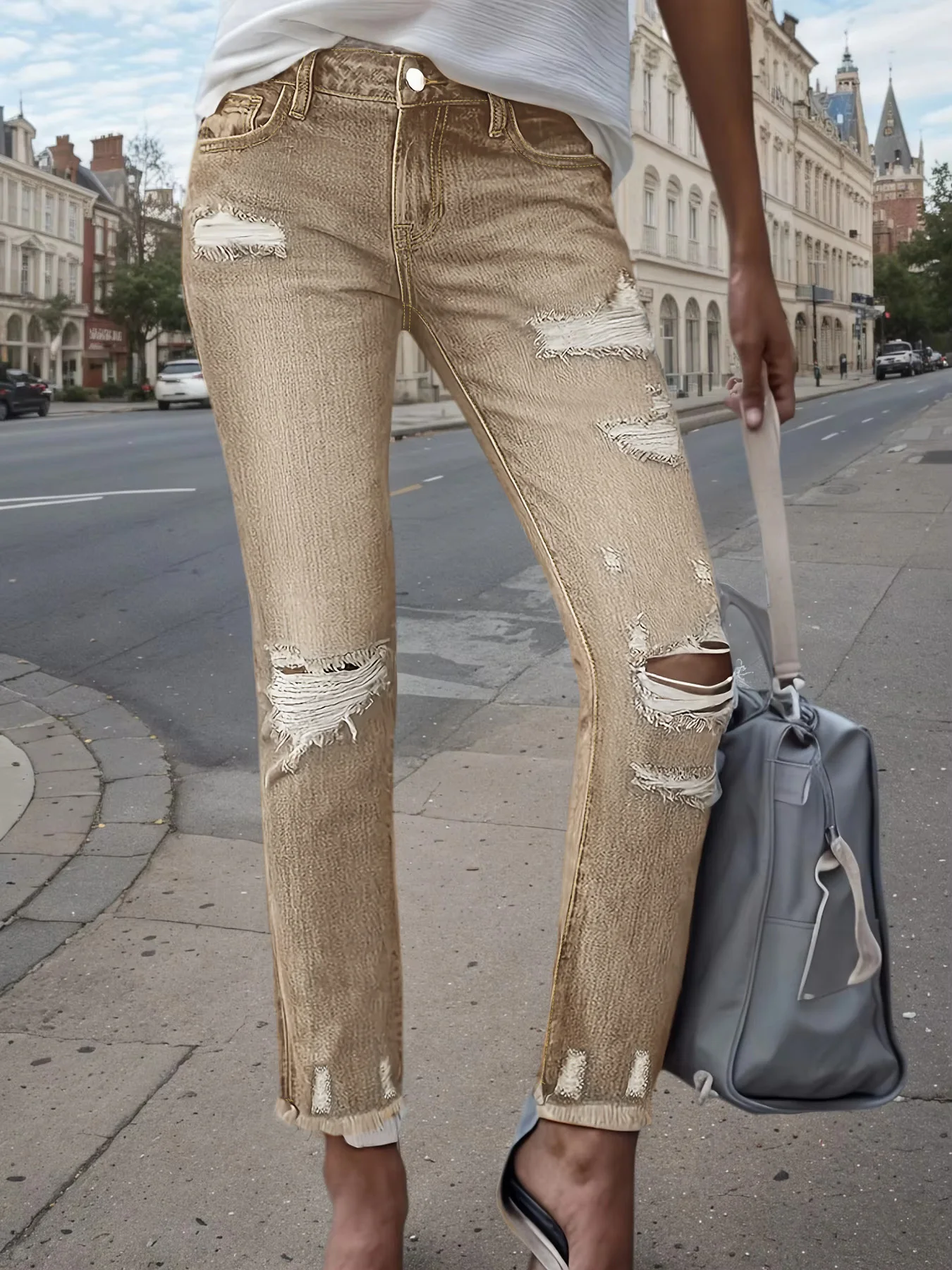 جينز ضيق عالي الخصر مقاس كبير، تصميم كلاسيكي مغسول ومستر، جينز نسائي مريح بمقاس كبير.