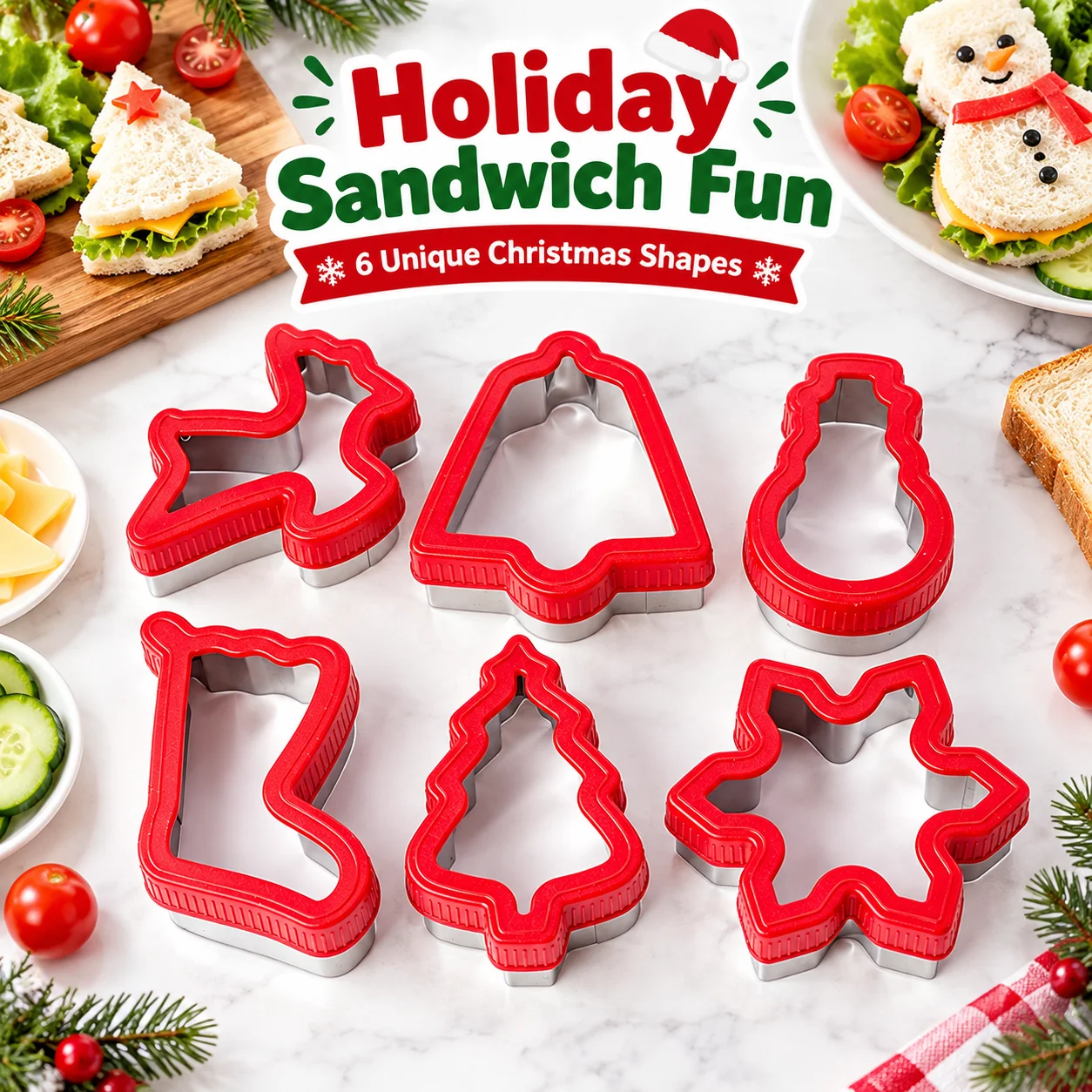 6PCS Christmas Sandwich Cookie Cutter Set Red Food-Safe Stainless Steel Non-Slip Molds for Bread Fondant Xmas Home Baking Party