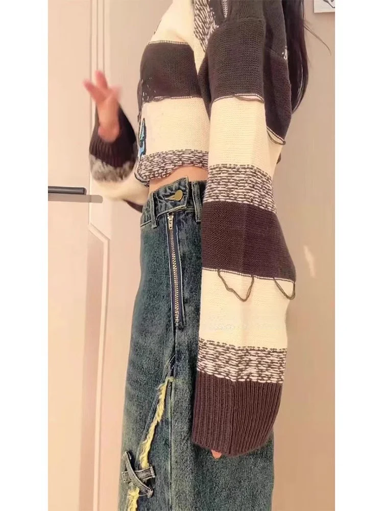 Large Size Embroidered  Side Zipper Denim Pants Women's Autumn Design Wide Leg Floor-Length Frill Pants Casual Sle