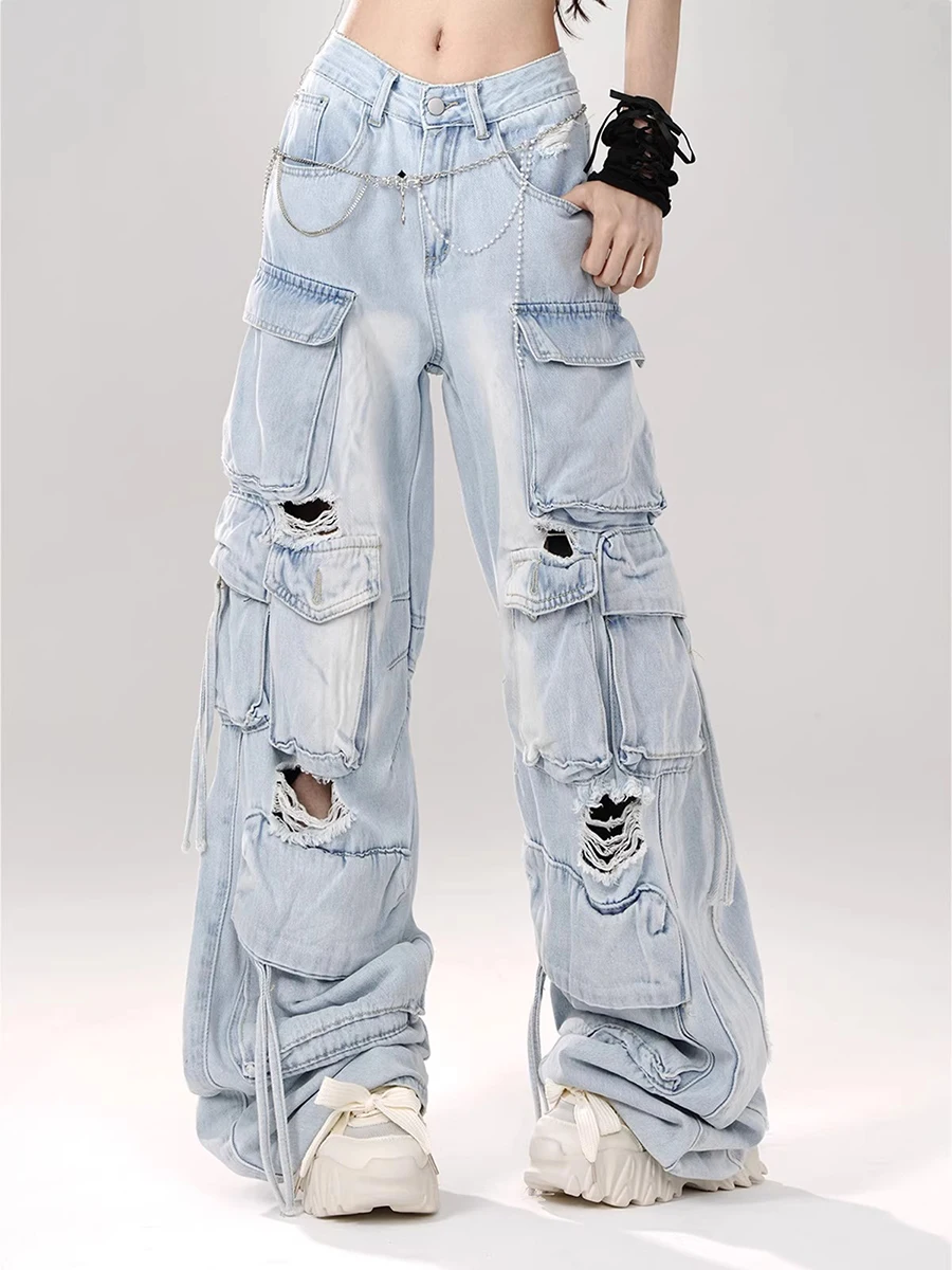 REDDACHiC 90s Distressed Blue Cargo Jeans Women Retro High Waist Destroyed Wide Leg Casual Pants Long Trousers Korean Streetwear