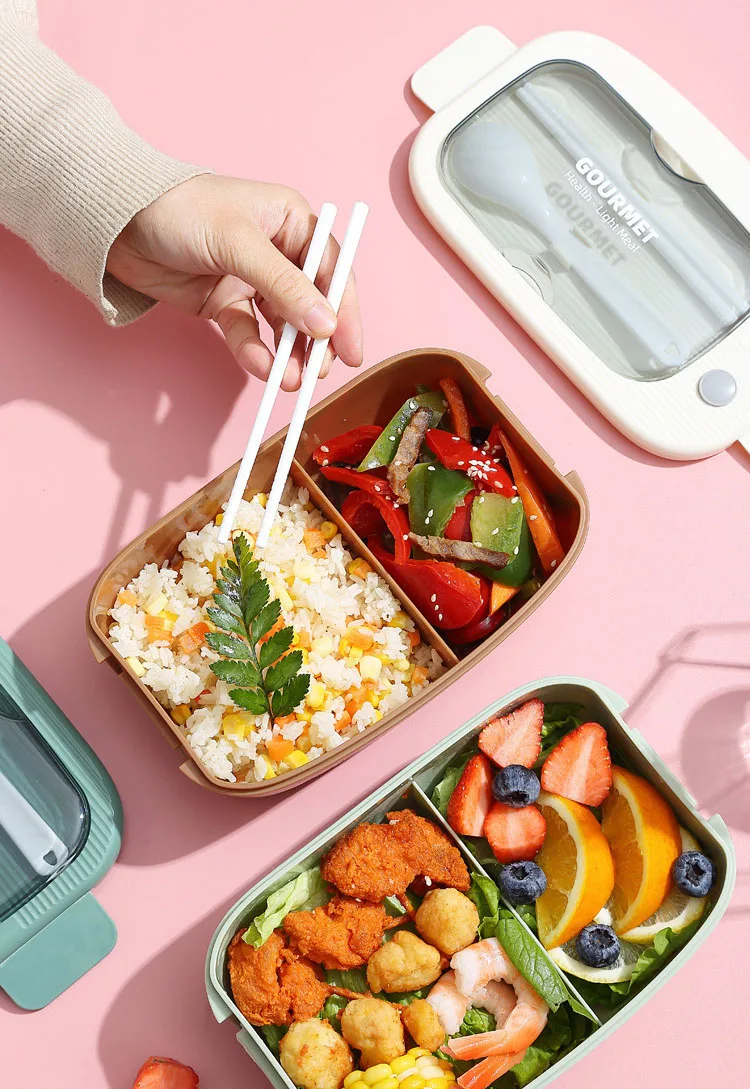 Bento Lunch Box With Spoon Fork, Kid High Capacity Microwae Food Containers Portable Leakproof Office Camping