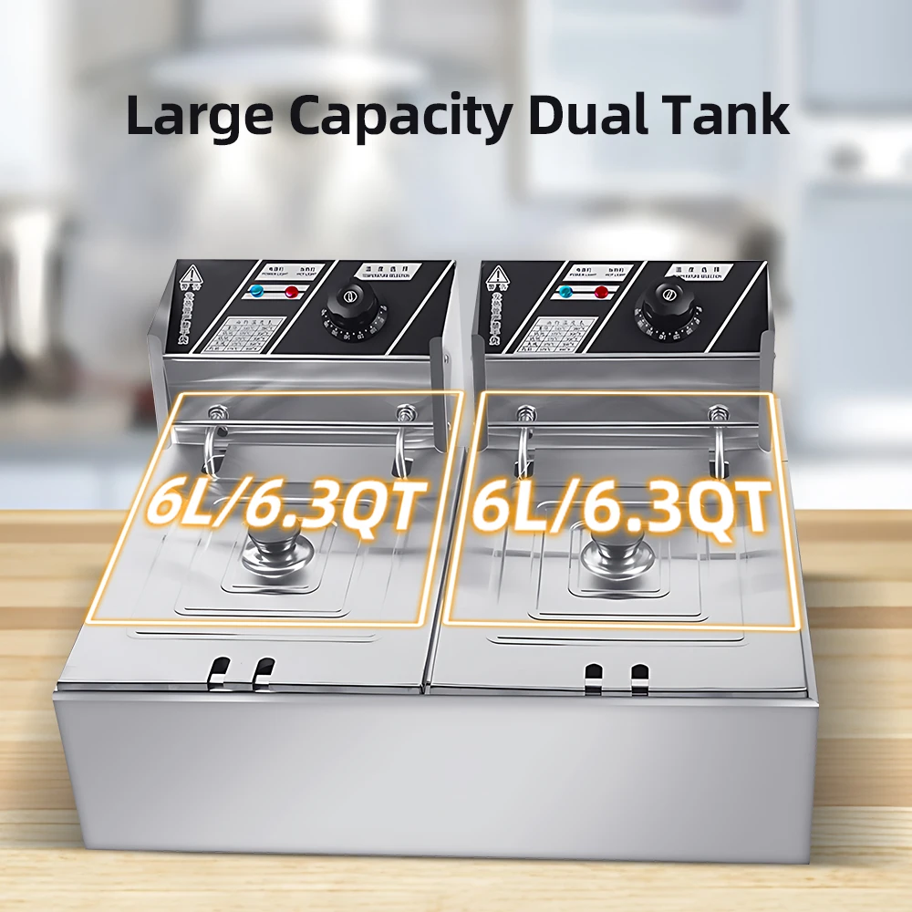 6L+6L Dual Tank Electric Deep Fryer with Removable Oil Filtration Basket and Lid 2*1.7KW Stainless Steel Automatic Thermostatic