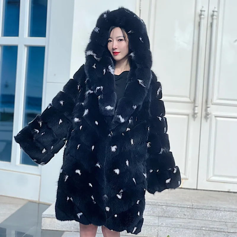 Winter Fox Fur Hooded Coat Women's Fox Medium Fur Coat High quality Fashion Natural Real fur 2024 New