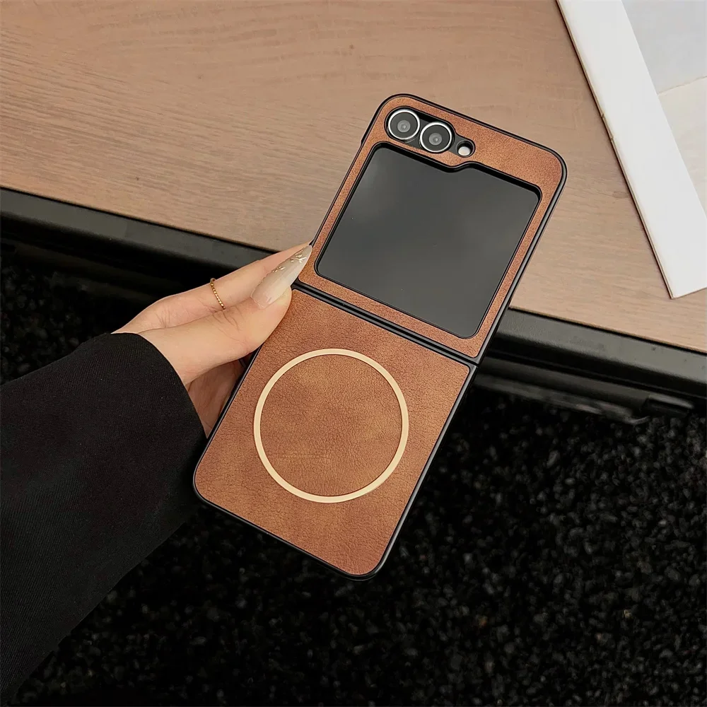 Slim Magnetic Luxury Leather Phone Case for Samsung Galaxy Z Flip 7 FE 6 5 with Magsafe Soft Slim Cover