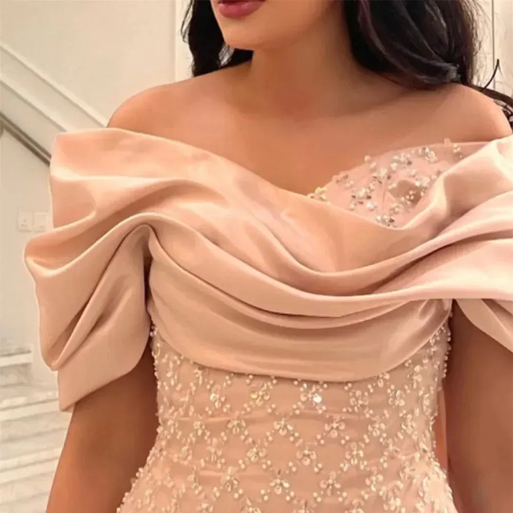 Prom Dresses Pink Sleeveless Sweep Length Formal Women Sequins Evening Gowns Off The Shoulder Saudi Arabia Wedding Party Dress