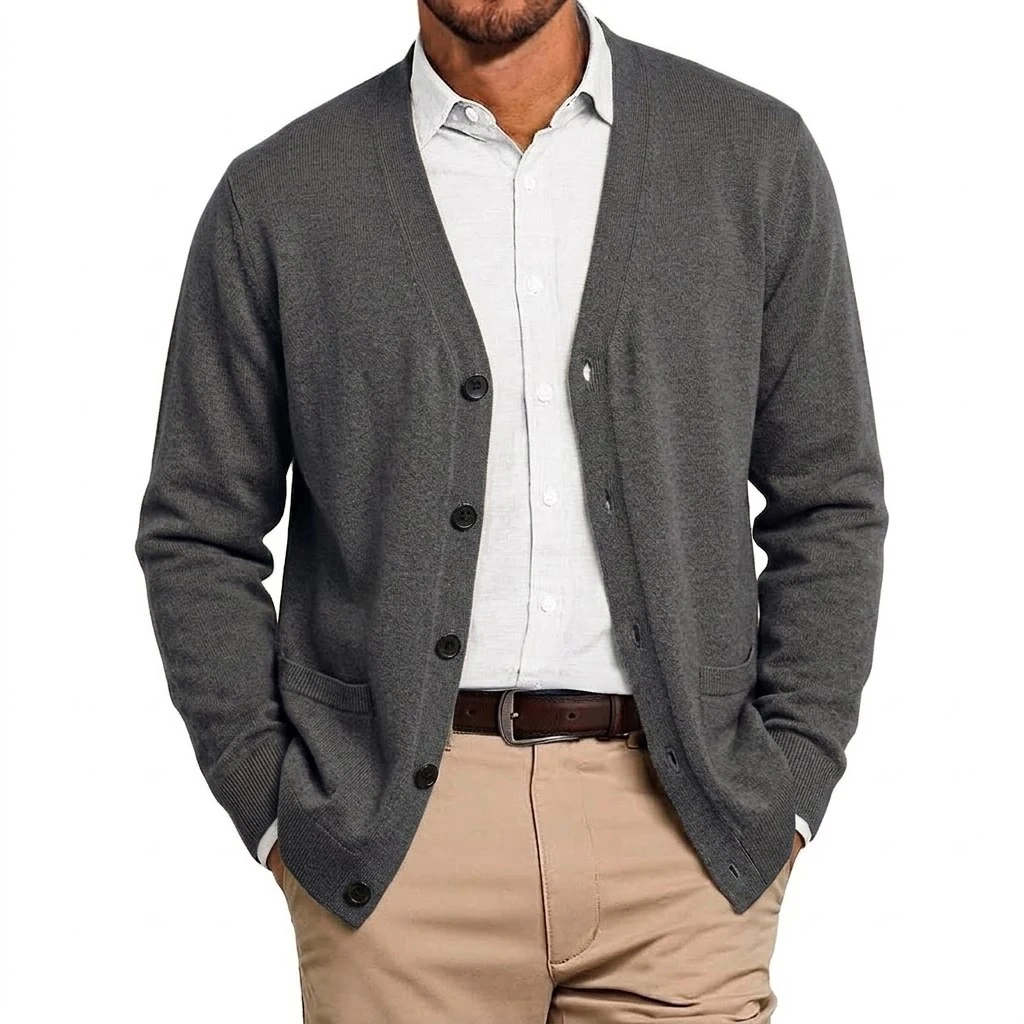 Herbst Herren V-Ausschnitt Strickjacke Pullover mit Knöpfen Langarm Strickpullover mit Taschen Lässiger Mantel Jacke für Männer – Detail 13