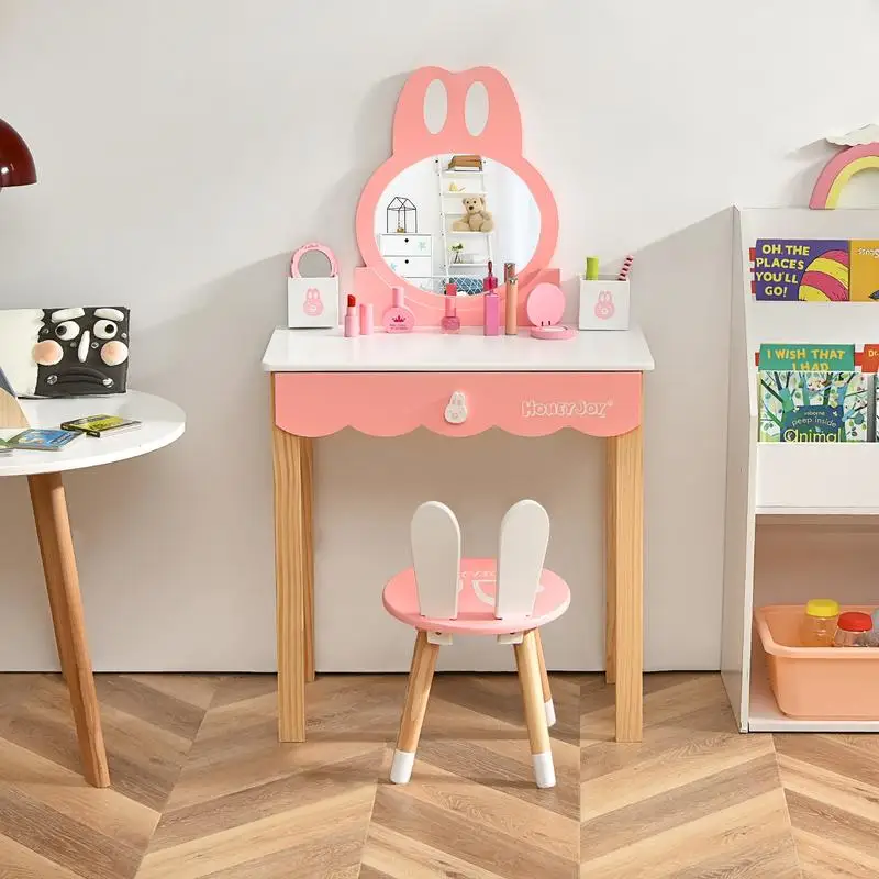 

Vanity Set Rabbit Makeup Dressing Table Chair Set with Mirror and Drawer-White