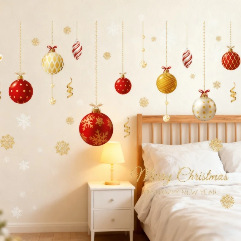 XH6284 Christmas Ball Gold Snowflake Static Window Sticker UV Printed Decoration for Glass Door Wall Beautification Posters