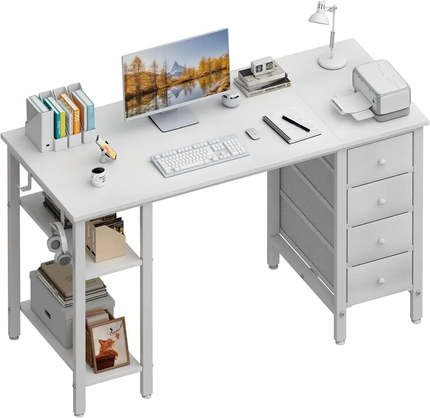 White Desk with Drawers & Storage Shelves, 47 Inch Study Work Writing Desk for Home Office Bedroom, Simple Modern Cute PC Comput