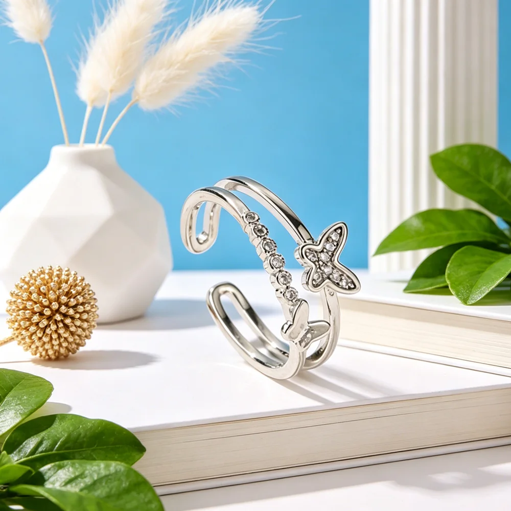 New Arrivals 925 Sterling Silver Bridal Sets Engagement Rings For Women Cubic Zirconia Butterfly Shape Opening Jewelry