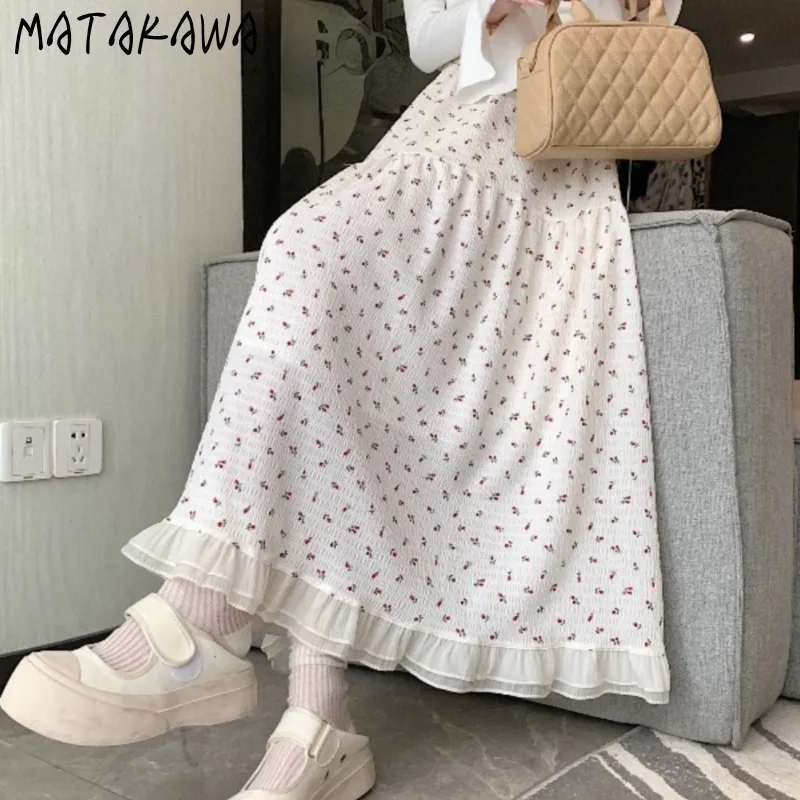 

Matakawa Print Floral Women Skirts Ruffles Sweet Spring Summer Vintage Korean Fashion Faldas Mujer A-line Cute Long Skirt