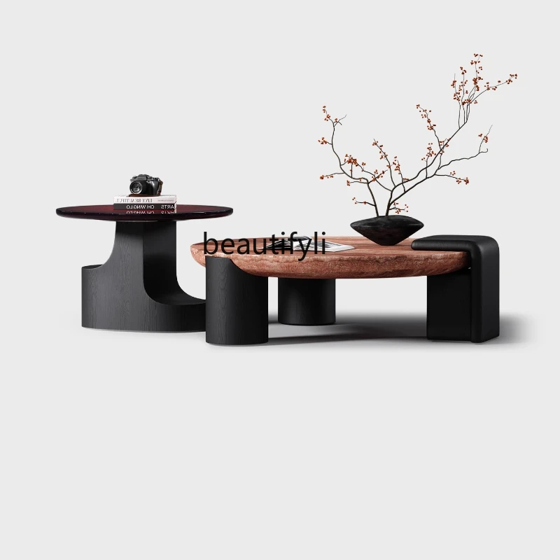 

Italian Minimalist Natural Red Travertine Coffee Table for Living Room Home Use High-End Round Coffee Table
