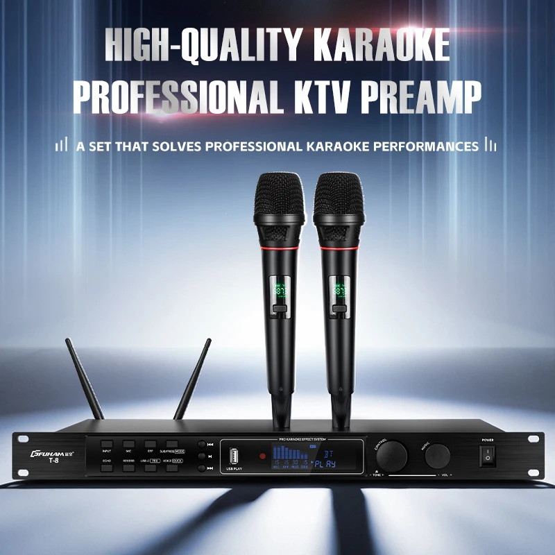 FUHAM T-8 Professional Karaoke System with Dual UHF Wireless Microphones Anti-Howling One-Key Vocal Remover Bluetooth Preamp Eff