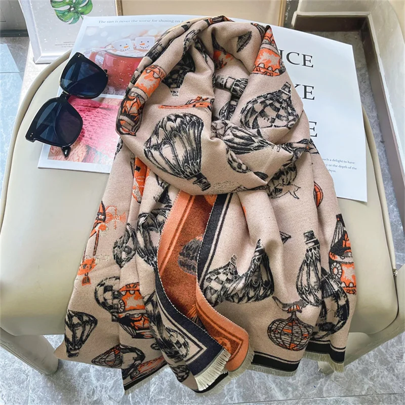 Luxury Winter Scarf Women Soft Cashmere Warm Pashmina Hot Air Balloon Print Scarves Wraps Thick Shawl Bufandas Stoles Hijabs