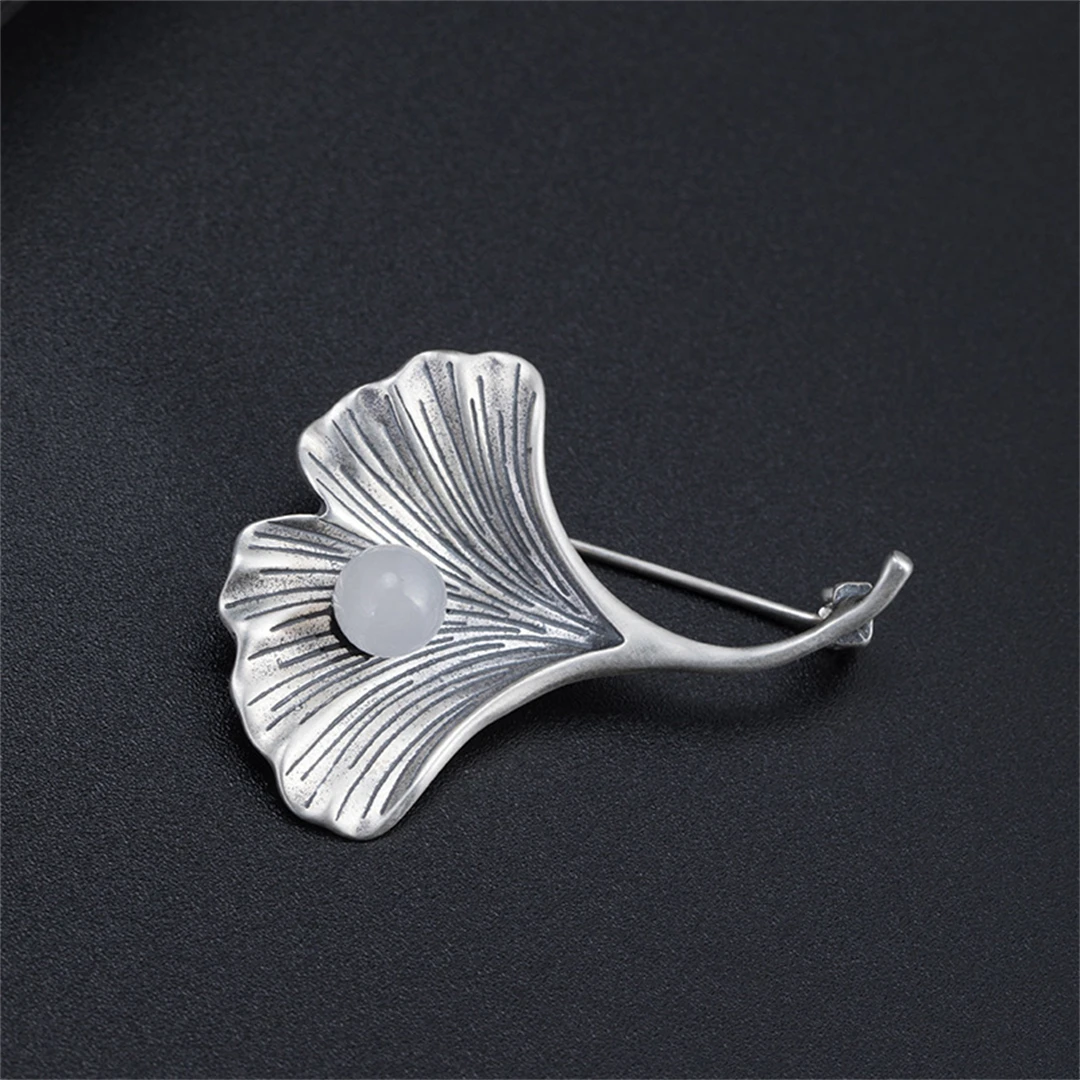 

S925 Pure Silver Brooch Retro Apricot Leaf Hotan Jade Collar Sweater Man Womens Pins Jacket Gift Fine Accessories Charm Jewelry