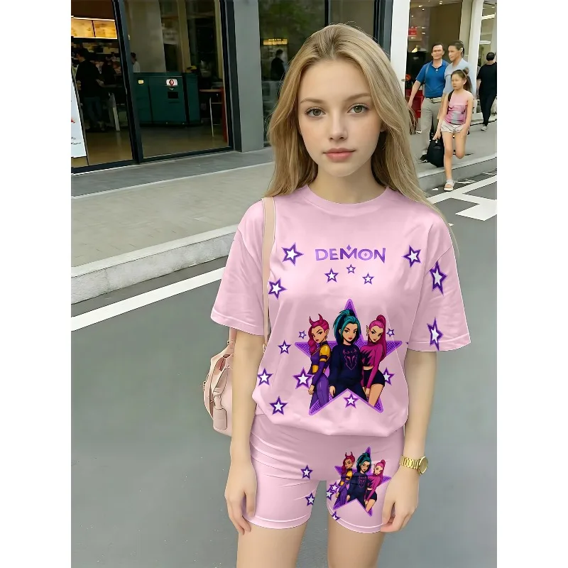 

Devil Girl Star Printed Casual 2PCS T-shirt and Shorts Set Suitable for K-Pop Fans' Birthday Gifts Casual Comfort Set Breathable