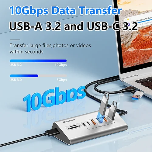 Imagen 2 del producto HUB USB 3,2 9 en 1, 10Gbps, transferencia de datos, estación de acoplamiento USB de aleación de aluminio, divisor USB con lector de tarjetas para PC, portátil, Macbook