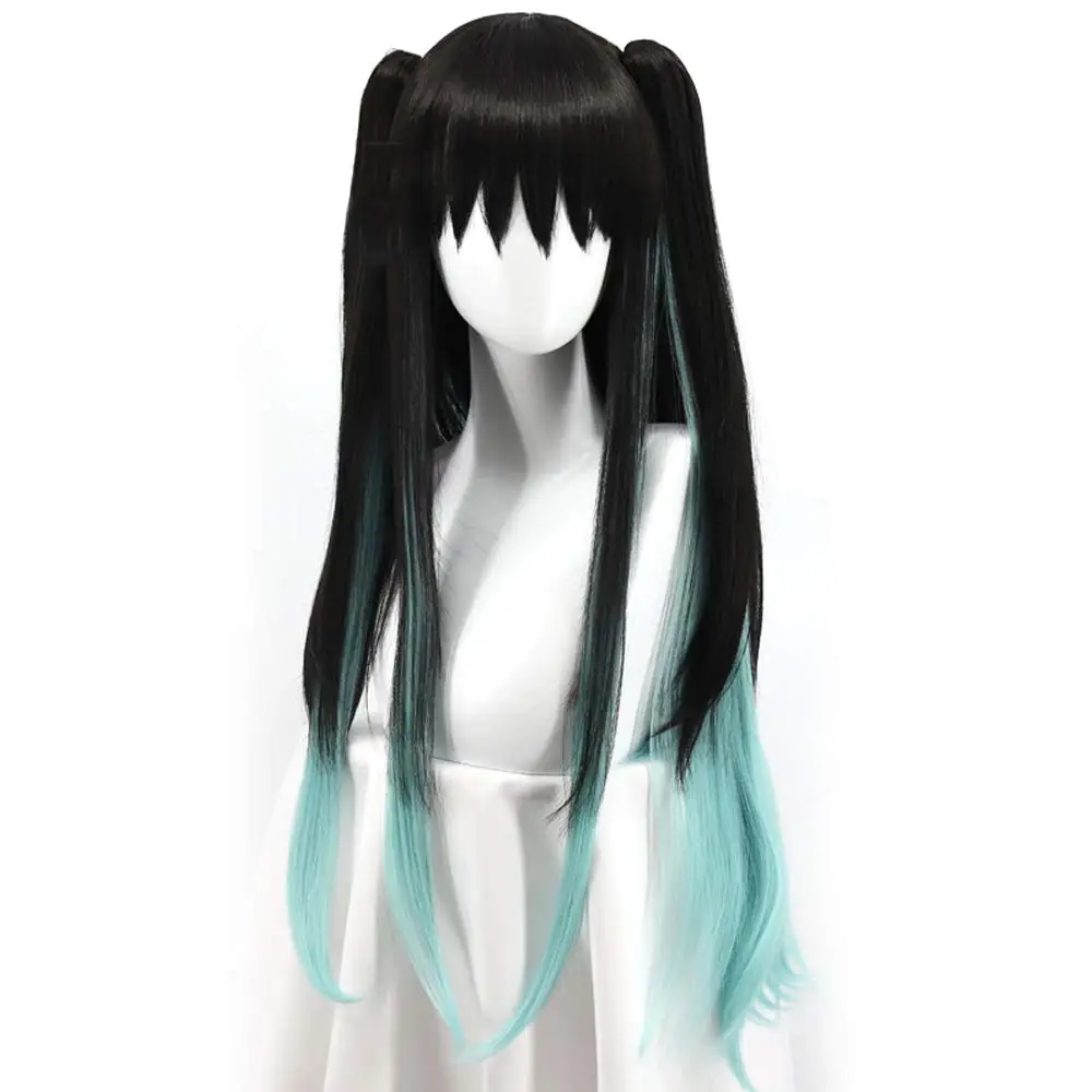 Peruki Tokitou Muichirou Anime Demon Slayer Kimetsu No Yaiba Cosplay Czarno-Niebieski Gradient Długie Proste Peruki Męskie Damskie Odporne na Ciepło