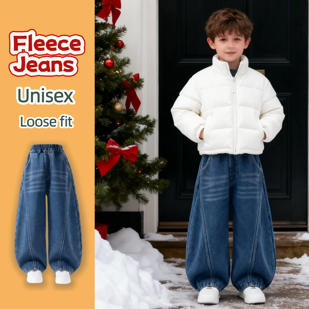 

Children's Plush Fleece Jeans Concise Breathable Jeans For Kids Autumn Winter Thickened Trousers Comfortable Warm-keeping Pants