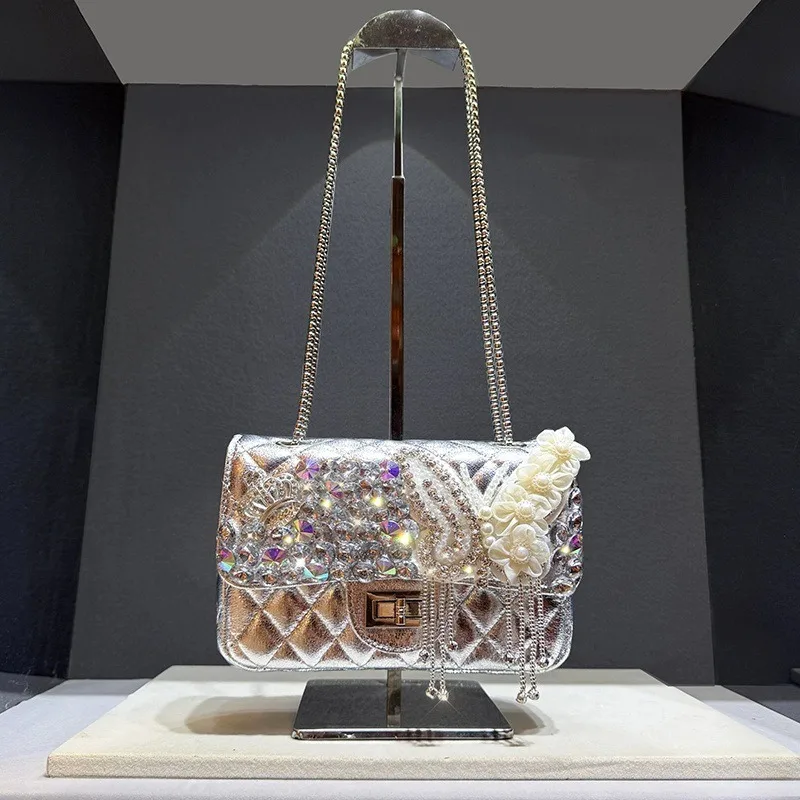 

High-End Luxury Diamond Lattice Evening Clutch Bag for Women Handmade with 3D Butterfly Pearl Rhombus Design Shoulder Handbag