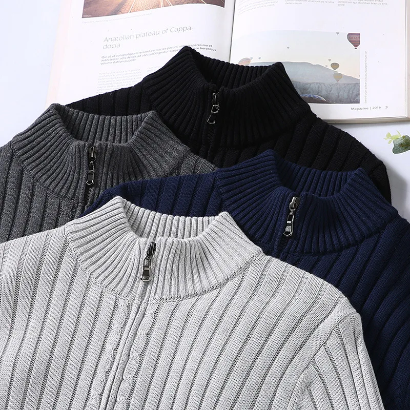 8525 Spring Autumn Knitting Cardigan For Men Korean Style Simple Solid Color Zipper Slim Warm Half Turtleneck Knitted Sweaters