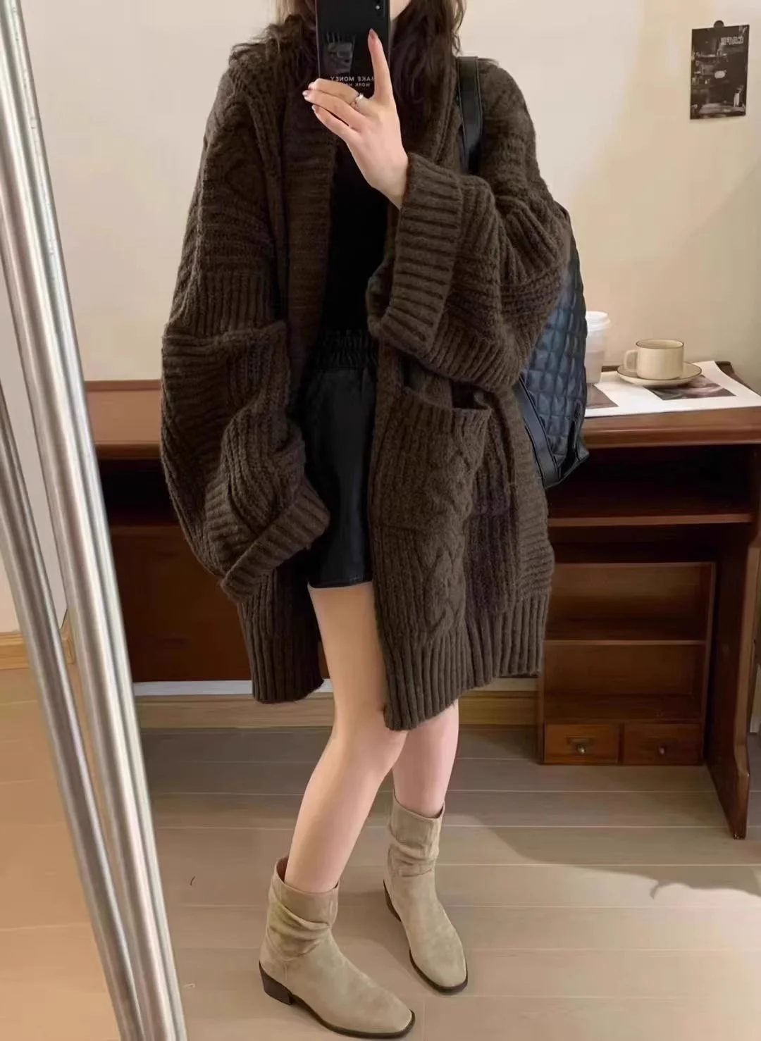 Navy Blue Harajuku Cardigan faux fur trim detail demonstrating attachment method and fiber quality