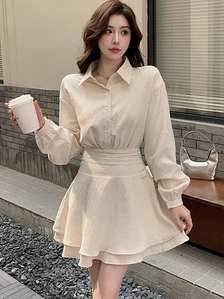 Women Solid Jacquard Chic Polo Collar Shirt Dress Autumn Winter Long Sleeve Bodycon Ruffled Dress 2024 Korean Elegant Mini Dress