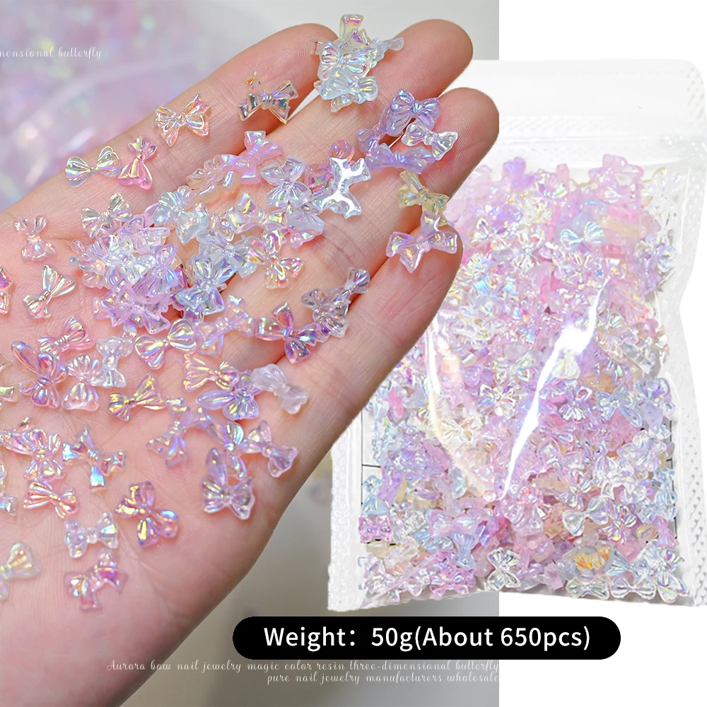 500-650pcs Mixed Aurora Bowknot Heart Nail Art Rhinestones 50g/bag Resin 3D Aurora Ribbon Bow Jewelry Charms Manicure Decoration