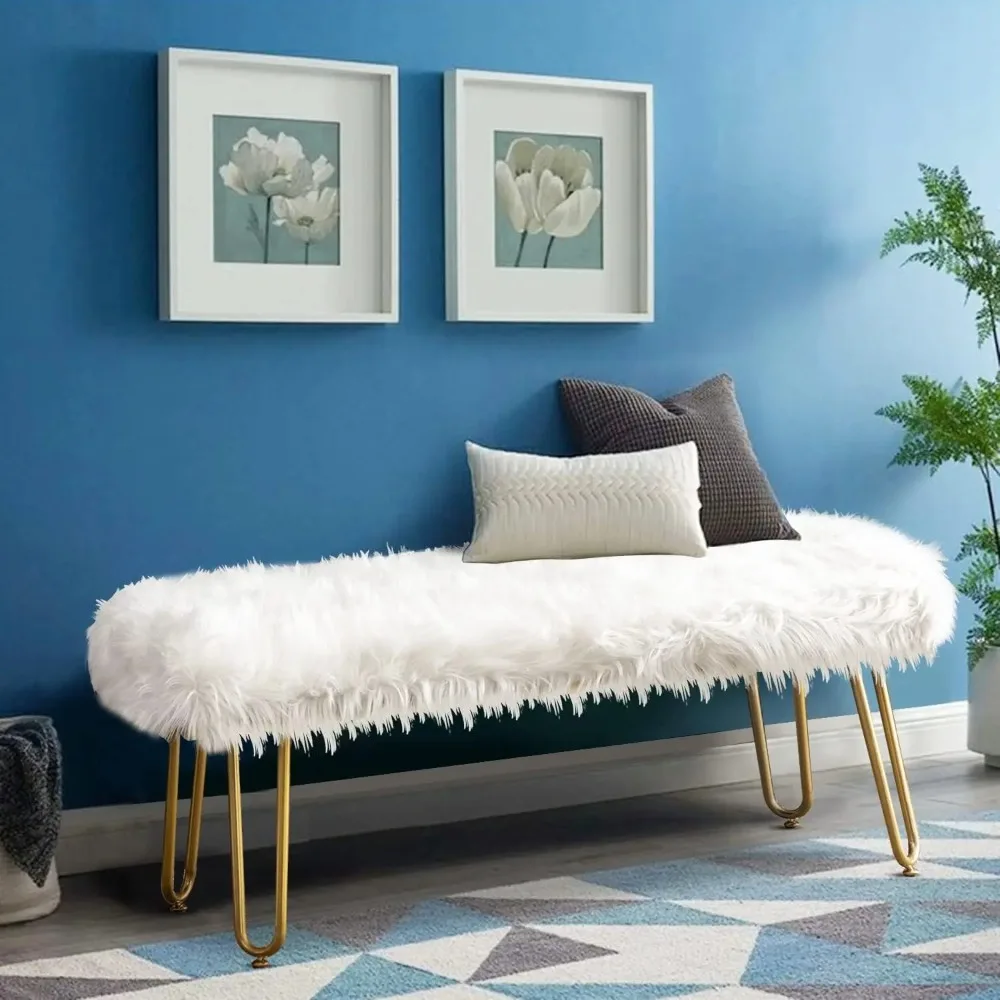 

Ottoman Bench Upholstered Furry Entryway Bedroom Bench with Gold Metal Legs, Modern Contemporary Long Bench Ottom