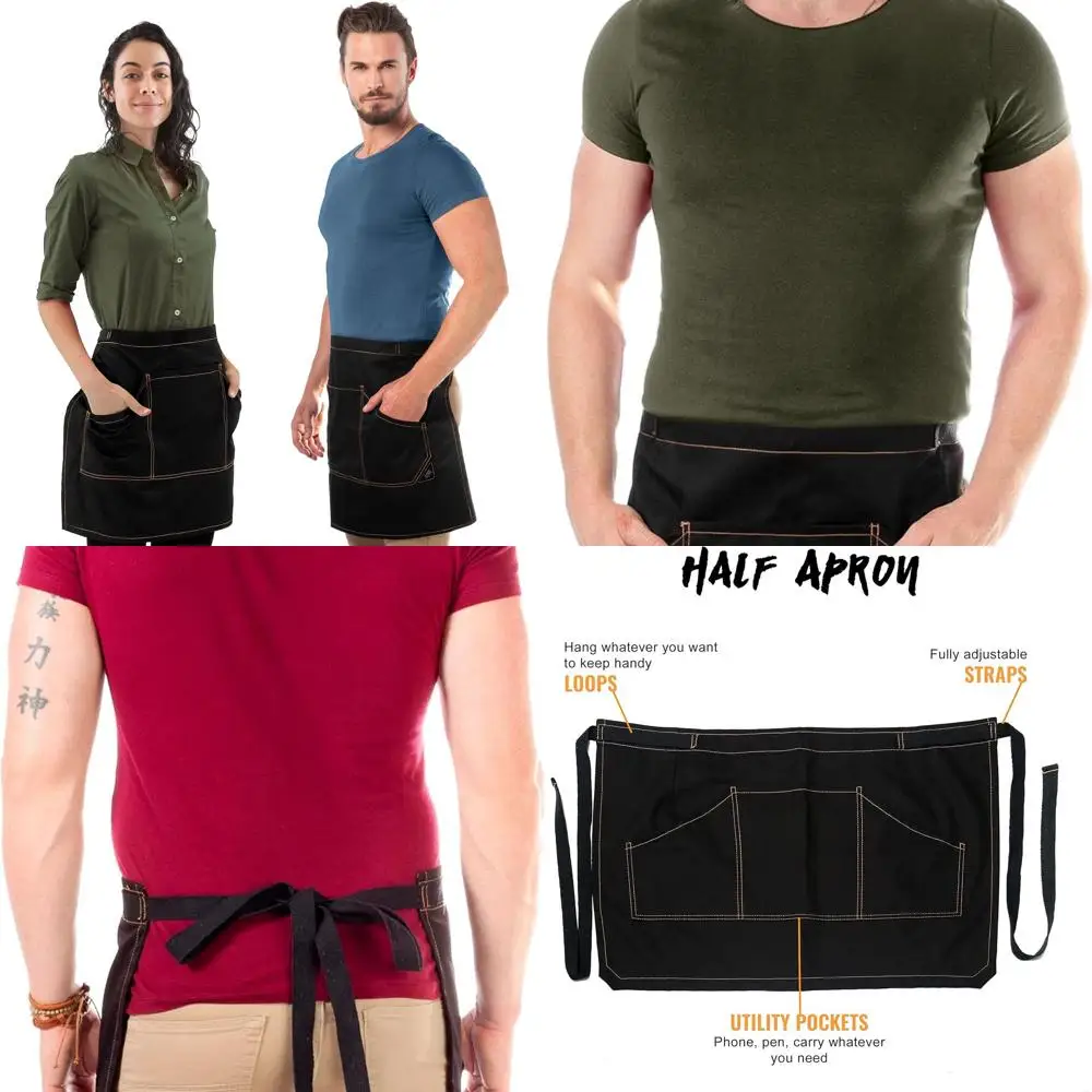 

NY Sky Half Deep Black Bistro Apron - Adjustable Twill Waist Apron for Men & Women, Ideal for Baristas, Bartenders, Mixologists,