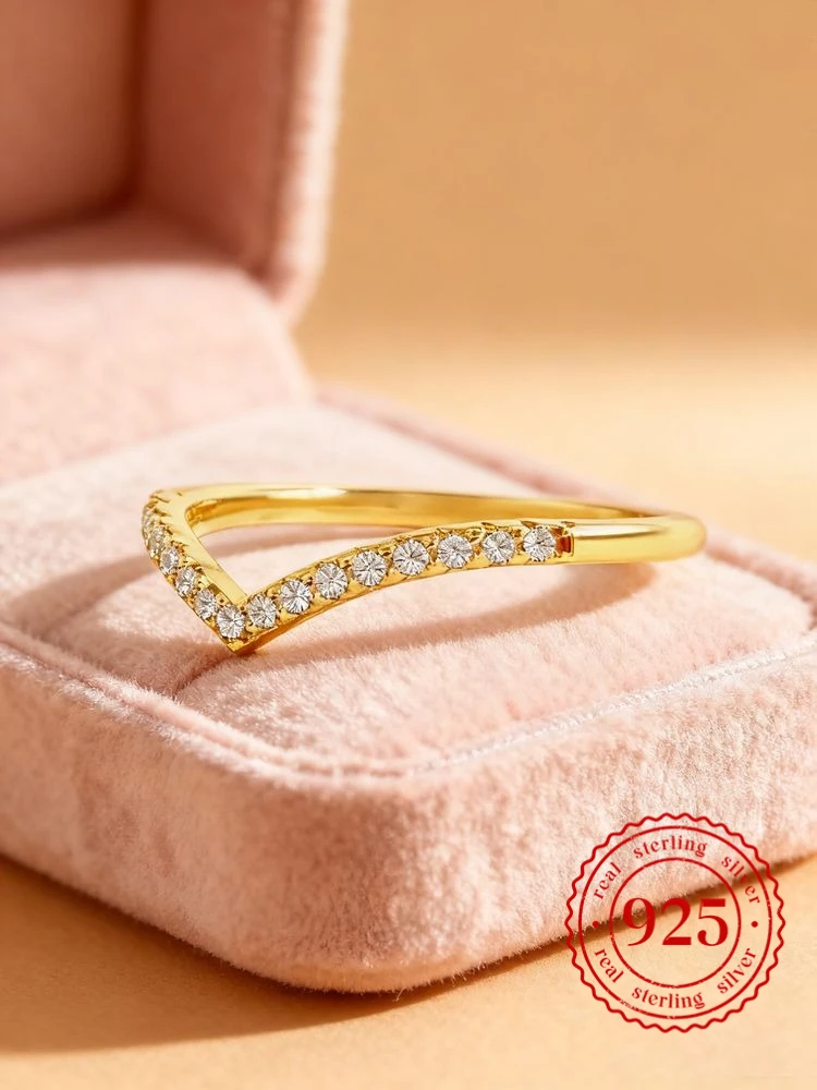 

925 Sterling Silver Shiny V-shaped Zircon Thin Ring For Women Anniversary Party Personalized High Quality Fashion Fine Jewelry