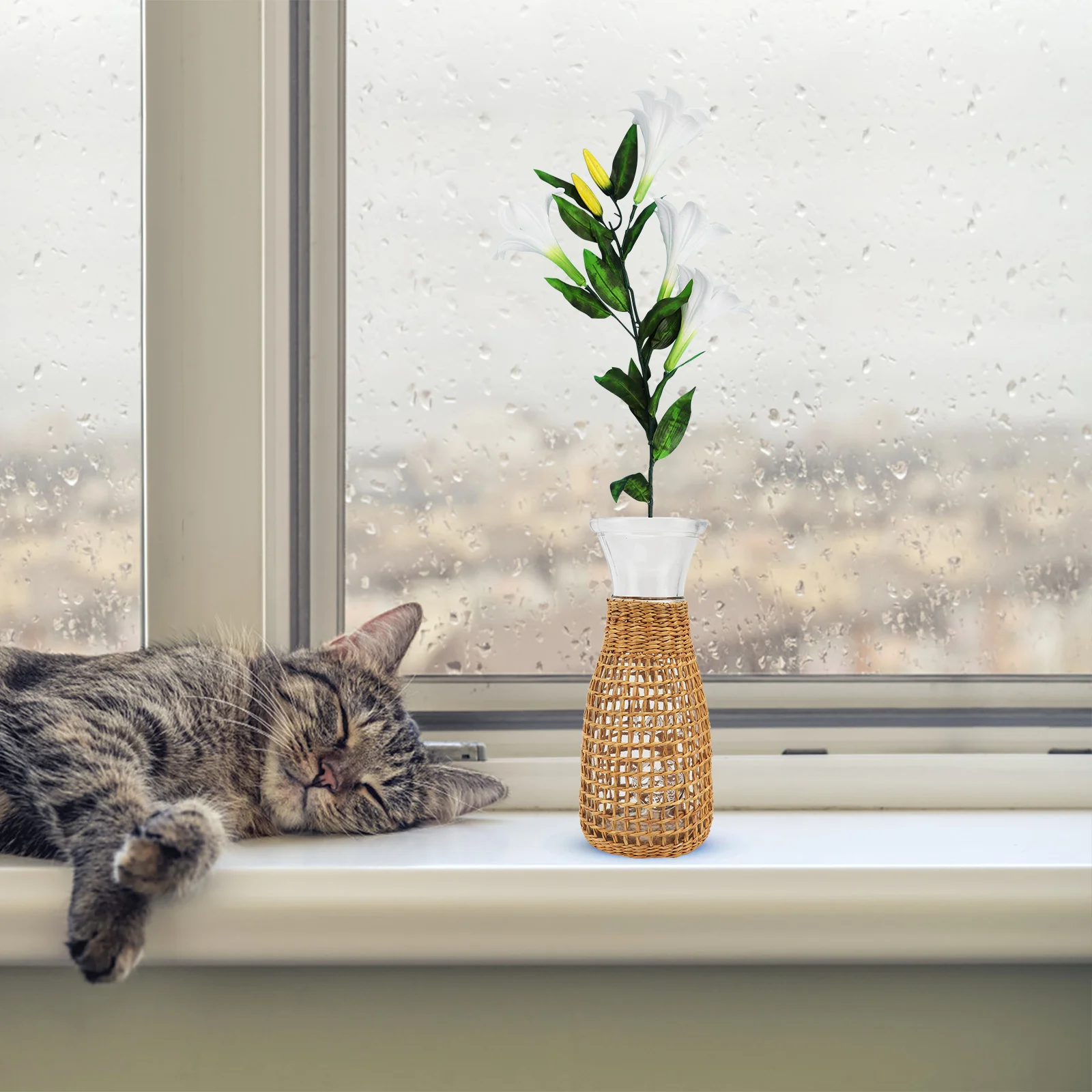 

1Pcs Straw Woven Glass Vase High Quality Creative Desktop Flower Arrangement Container Decorative Vase Flower Container