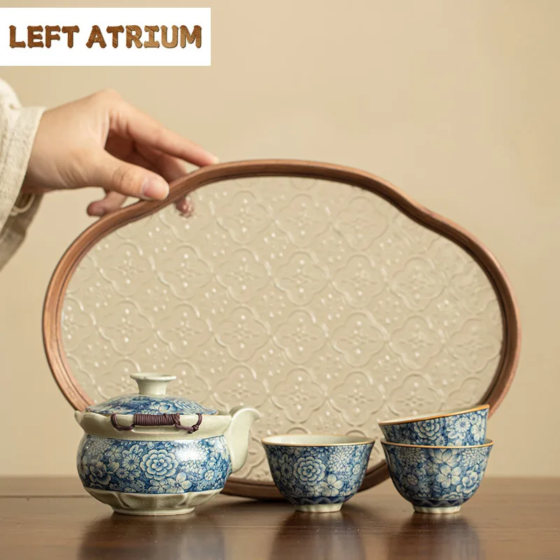 

Бутик Ru Kiln Ручной горшок Креативный чайный сервиз с цветами и тарелкой Бегония Ретро набор для чайной церемонии Горшок и ку Чайный набор Ремесла