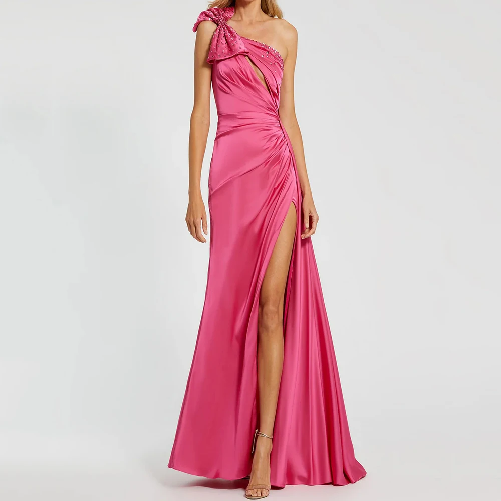 

A-line Women's Evening Dresses Floor-length One-shoulder Sleeveless Prom Gown Fashion Crystal Bow Pleat Draped Customized Gowns