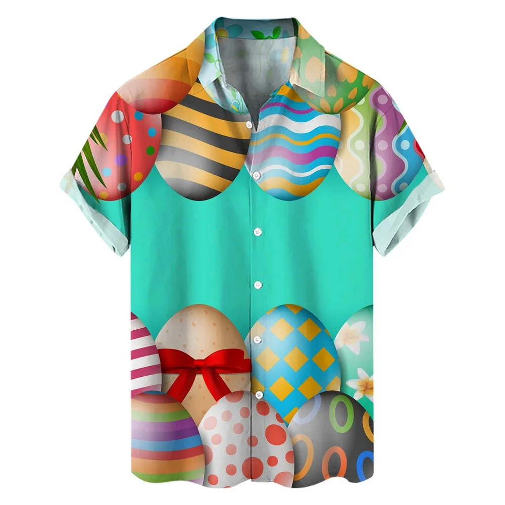 2024 Happy Easter Day Cartoon Mens Rabbit Eggs Hawaiian Shirts 3D Printed Beach Shirt Women Clothes Kids Kawaii Shirt Button Top