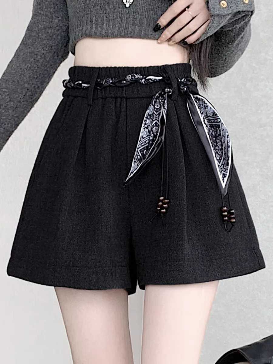 Outono inverno shorts cinza grosso cintura alta elástica a linha shorts de perna larga para mulheres pequenas, shorts de tweed de emagrecimento