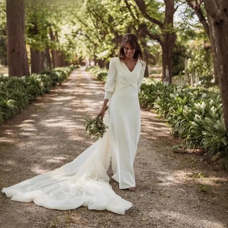 V Neck Mermaid Wedding Dresses For Women With Button Simple Backless Wedding Gowns Simple Chiffon Vestidos Customized