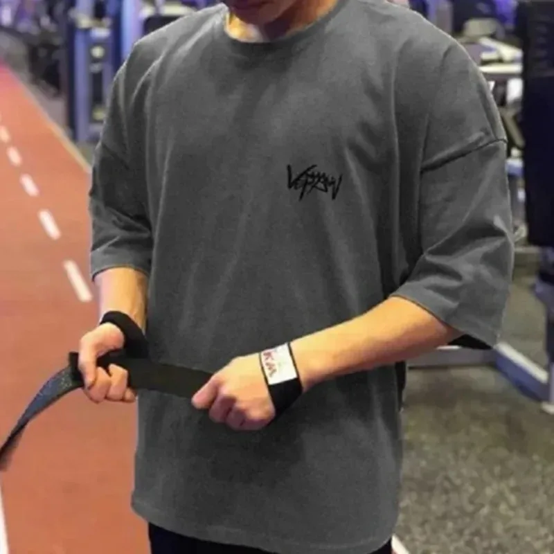 NEW Round Collar sports T Shirt Oversize Cotton Summer Tee Training running shirt Man Streetwear Half Sleeve men T-shirt image 3
