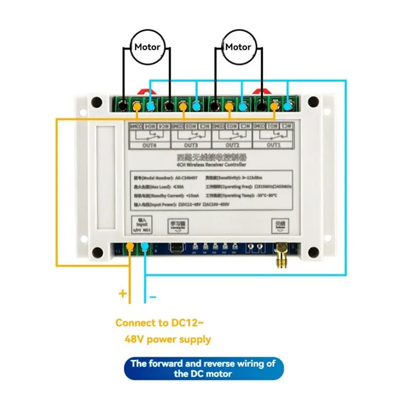 DC12-48V 4CH Remote Control Switch 30A Garage Door Switch Relay Lifting Equipment Controller With Transmitter 433MHZ-Y41A