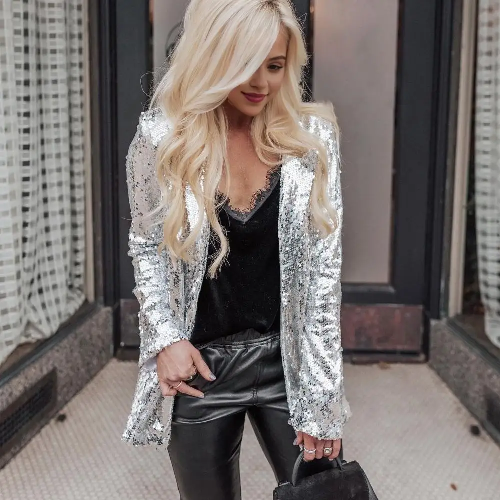 

Sequined Suit Coat Elegant Sequined Women's Suit Coat with Long Sleeves Shiny Lapel Detail Loose Fit Design for Street Style