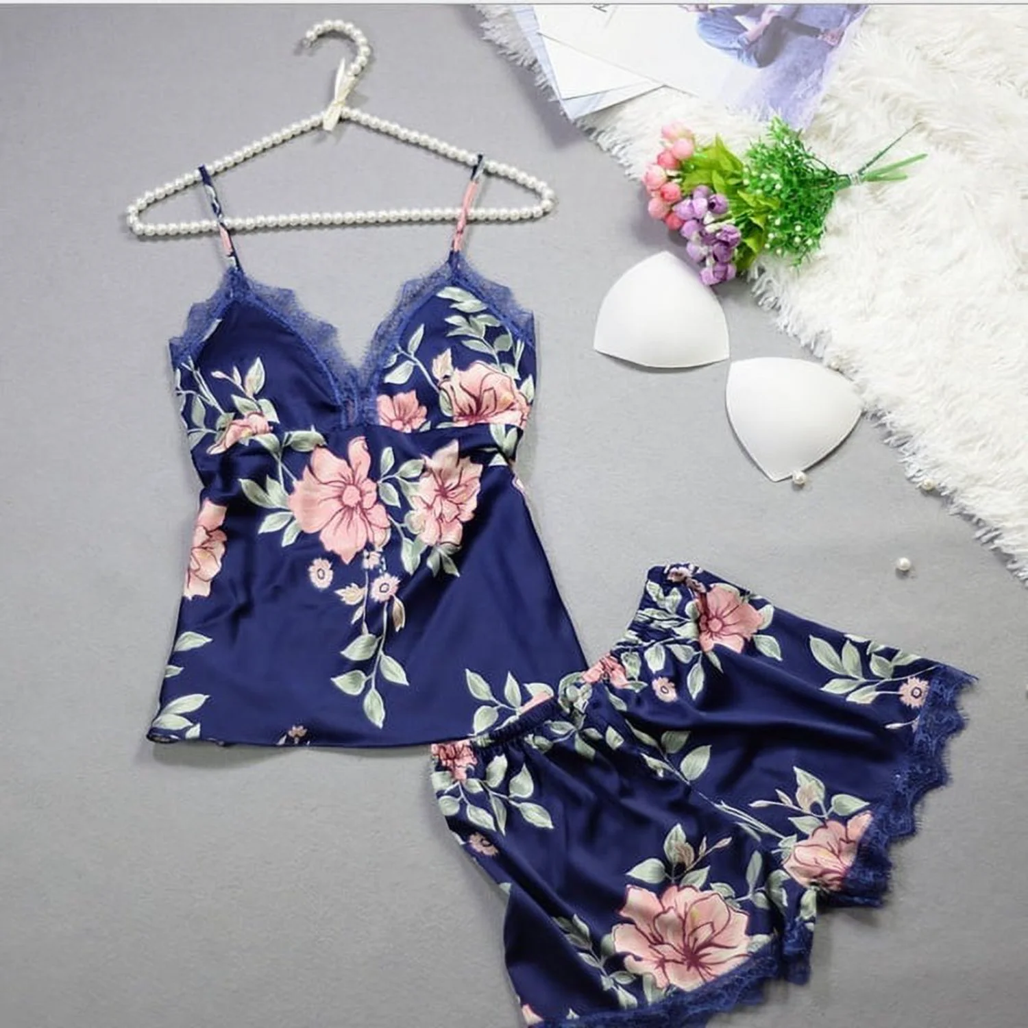 2Pcs Women Satin Silk Sleepwear Lace V Neck Pyjamas Set