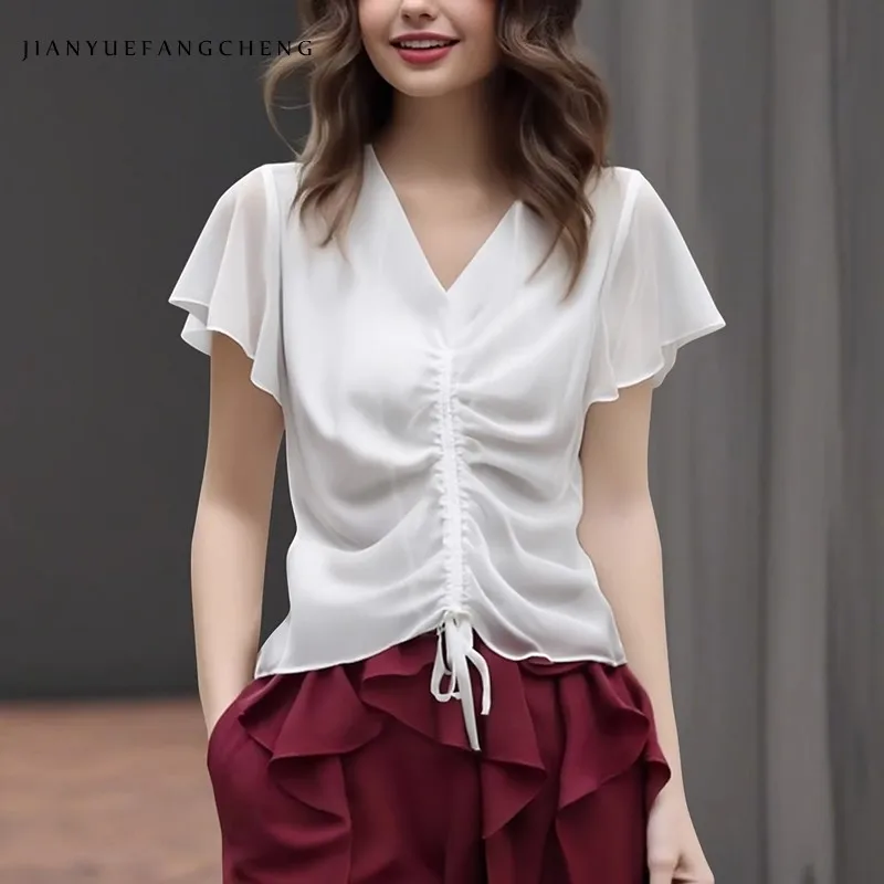Womens Summer White Drawstring Chiffon Top Short Sleeve V-Neck Lightweight Casual Blouses
