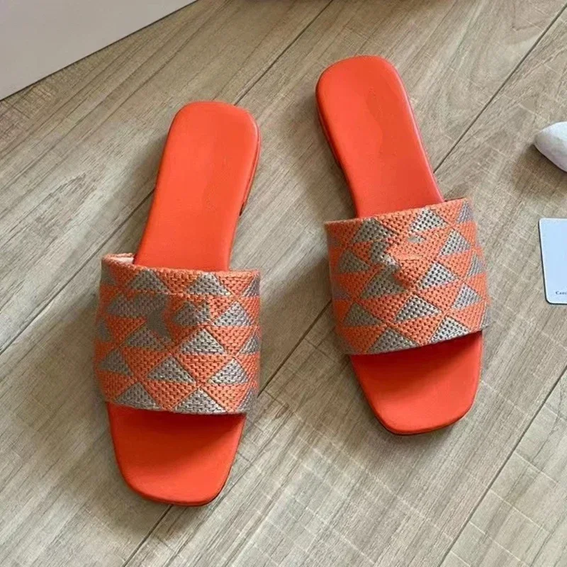 Women Flat Slippers Rose Red Triangle Metal Design Open Square Orange Green Casual Beach Indoor Color Sandals Sexy Concise Shoes