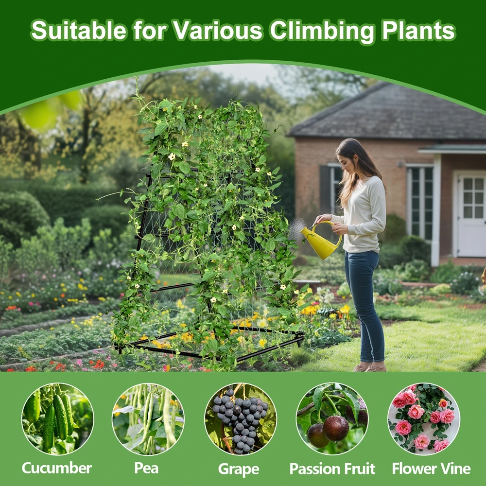 Metal A-Shaped Garden Trellis with Nylon Netting for Plant Vegetable Climbing Flower Arch Trills